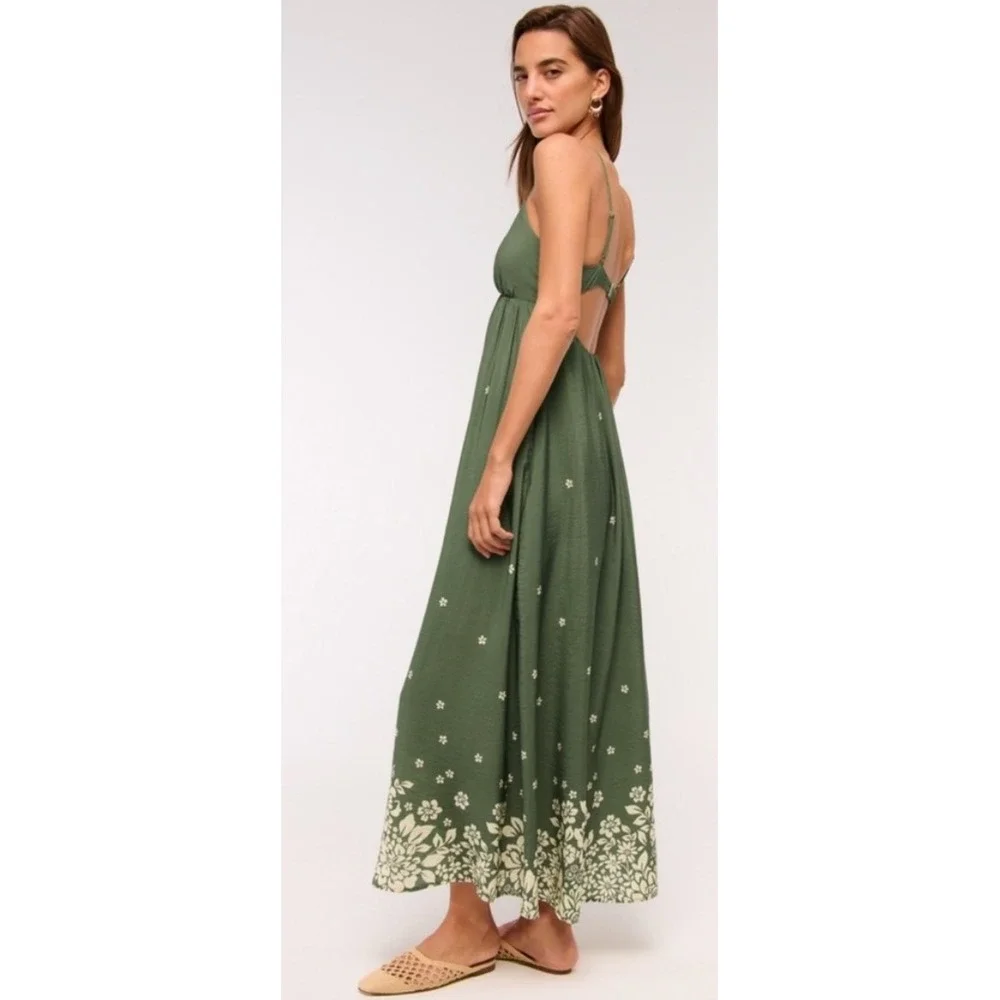 Abercrombie & Fitch Green Floral Flowy Maxi Dress Open Back Boho Fairy Beach MT